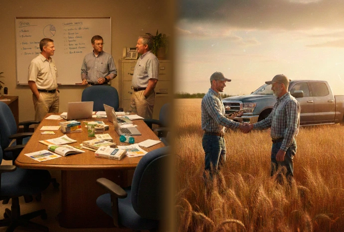 A group of agriculture advisors converse around a conference table.