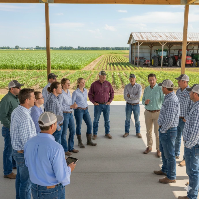 A group of growers and producers stand in a circle, listening to an agriculture sales representative discuss the products features.